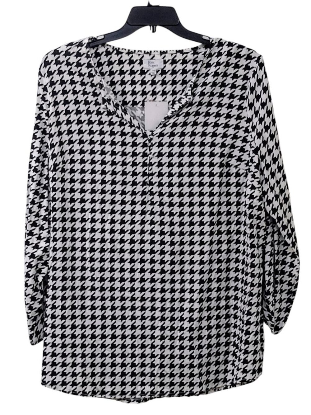 Kim Rogers Long Sleeve Houndstooth Blouse, Size XXL, Black/White